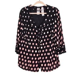 EMMA JAMES Womens 18W Black Pink Polka Dot Button-Up‎ Blouse Top w/ Tank Ruffle